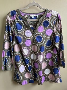 Boden V-Neck Long Sleeve Tunic — Olive with Purple & Blue Circles